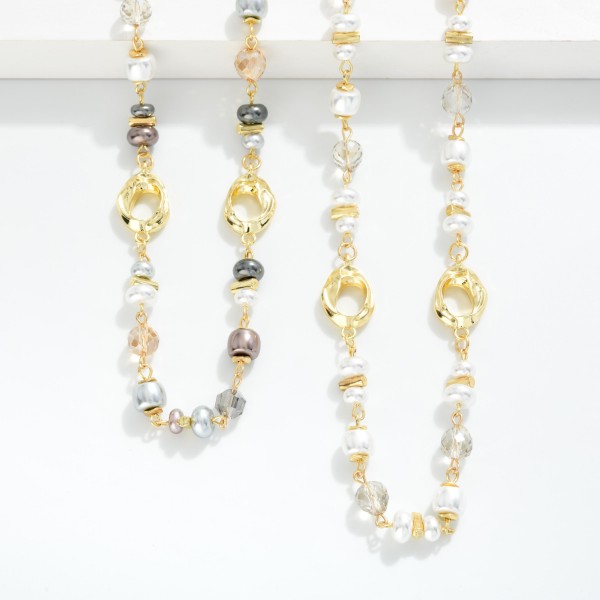 Chain Link Necklace Featuring Pearl & Faceted Glass Crystal Stations 

- Approximately 34" L
- Extender 3" L