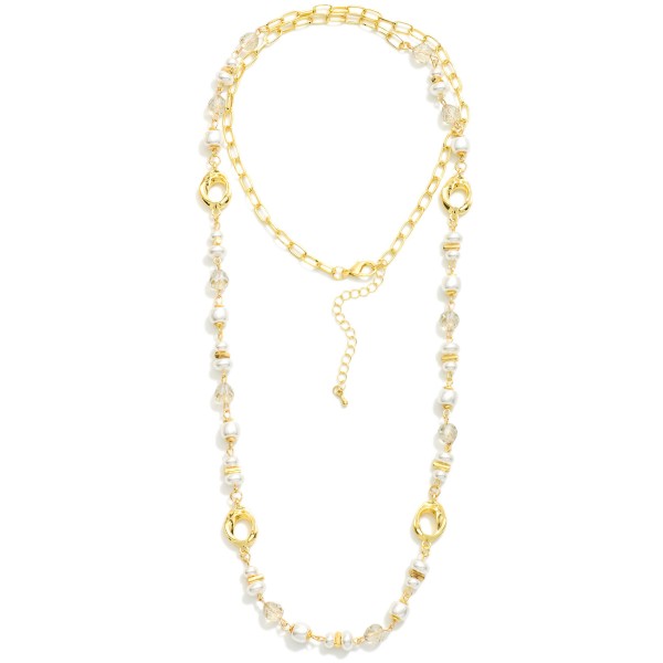 Chain Link Necklace Featuring Pearl & Faceted Glass Crystal Stations 

- Approximately 34" L
- Extender 3" L