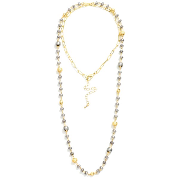 Wholesale long Chain Link Beaded Necklace Textured Metal Disk Stations L Extende