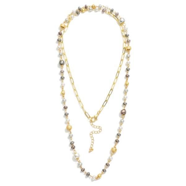 Long Chain Link Beaded Necklace Featuring Textured Metal Disk Stations 

- Approximately 34" L
- Extender 3" L 