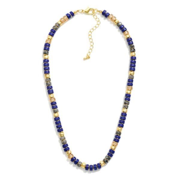Semi Precious Stone Beaded Necklace Featuring Metal Tone Accents 

- Approximately 14" L
- Extender 3" L

