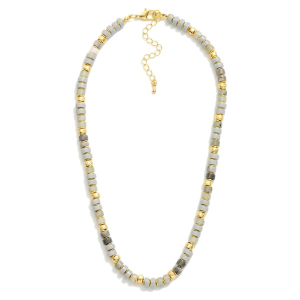 Semi Precious Stone Beaded Necklace Featuring Metal Tone Accents 

- Approximately 14" L
- Extender 3" L


