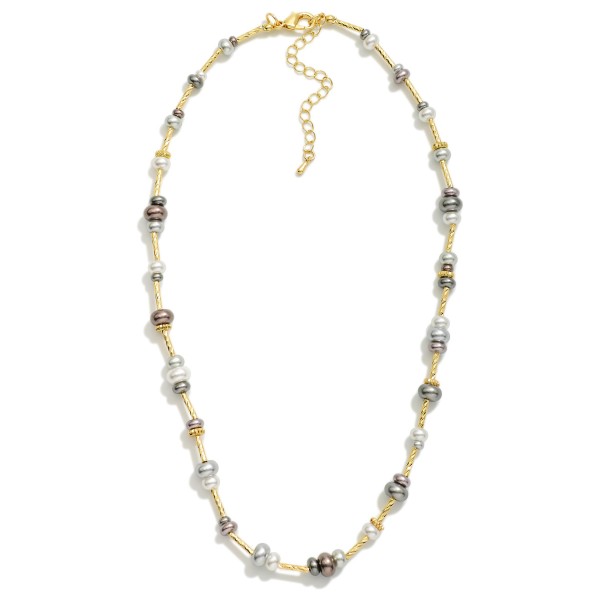 Pearl Disk & Textured Metal Bar Beaded Necklace 

- Approximately 18" L
- Extender 3" L