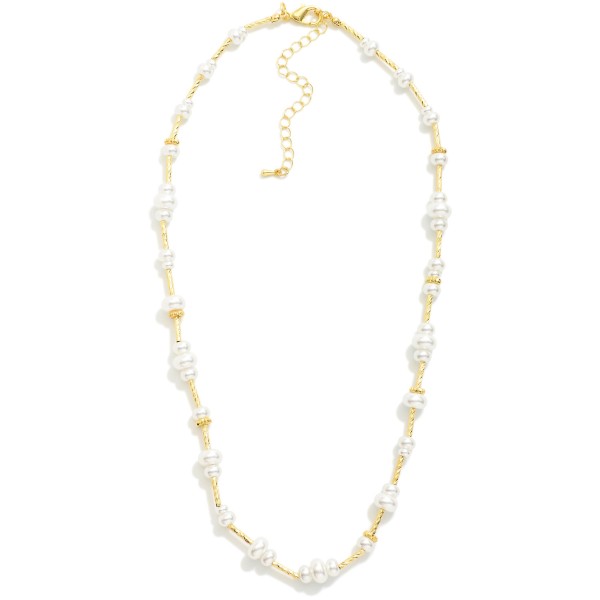 Pearl Disk & Textured Metal Bar Beaded Necklace 

- Approximately 18" L
- Extender 3" L