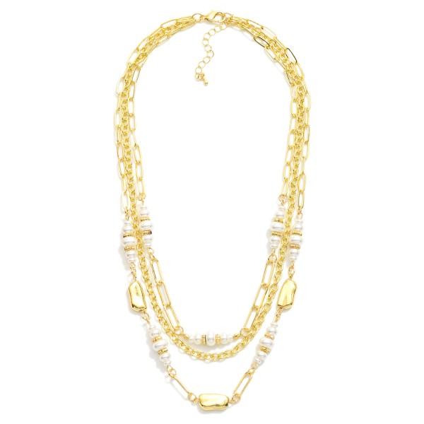 Layered Chain Link Necklace Featuring Pearl Details 

- Approximately 16" L
- Extender 3" L