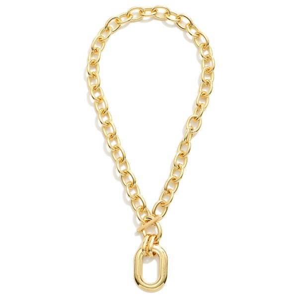 Chunky Metal Tone Chain Link Necklace Featuring Toggle Clasp & Oval Pendant 

- Approximately 16" L