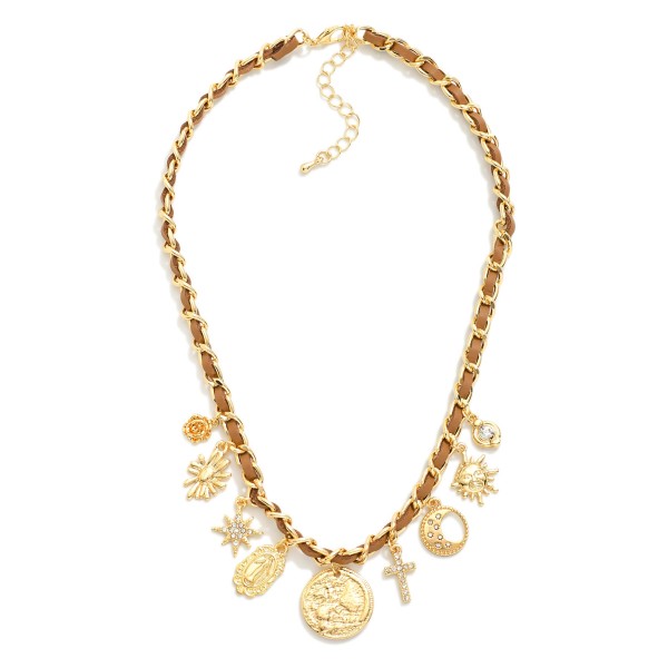 Chain Link & Leather Woven Necklace Featuring Metal Tone Charms 

- Approximately 16" L
- Extender 3" L