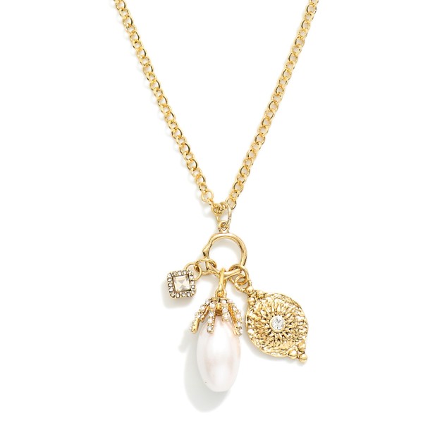 Gold Tone Chan Link Necklace With Pearl Rhinestone & Metal Tone Pendent 

- Approximately 18" L 
- Extender 3" L 