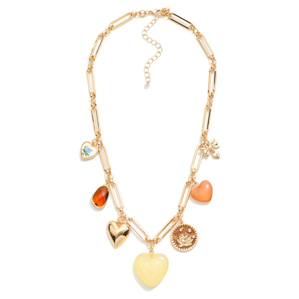 Chain Link Charm Necklace Featuring Stone Hearts, Glass Crystal, & Metal Tones 

- Approximately 16" L
-Extender 3" L