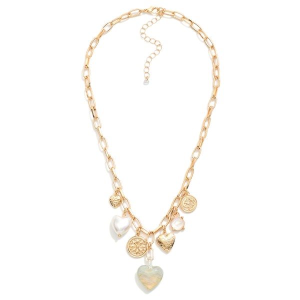 Chain Link Necklace Charm Necklace Featuring Metal Tones & Acetate Heart Charms 

- Approximately 16" L
- Extender 3" L