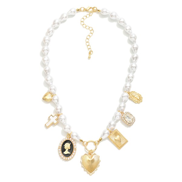 Wholesale baroque Pearl Beaded Necklace Metal Tones Hearts Rhinestone L Extender
