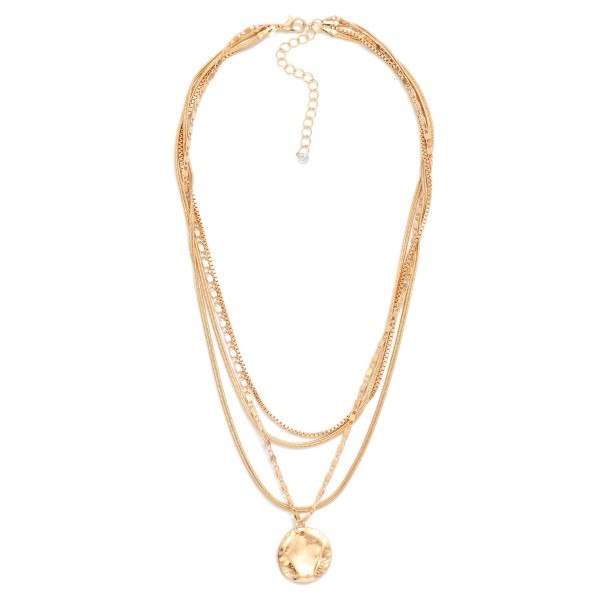Layered Chain Link Necklace Featuring Textured Metal Circle Pendant 

- Approximately 16" L
- Extender 3" L