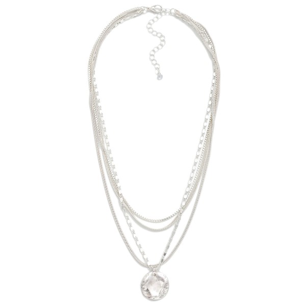 Layered Chain Link Necklace Featuring Textured Metal Circle Pendant 

- Approximately 16" L
- Extender 3" L