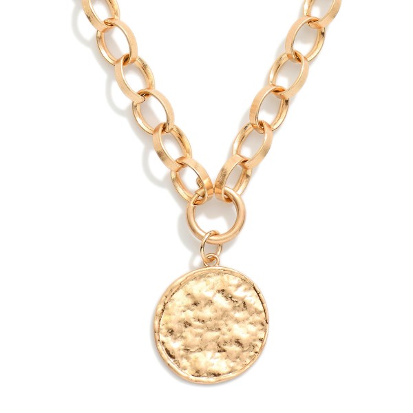 Chain Link Necklace Featuring Metal Tone Coin Pendant 

- Approximately 18" L 