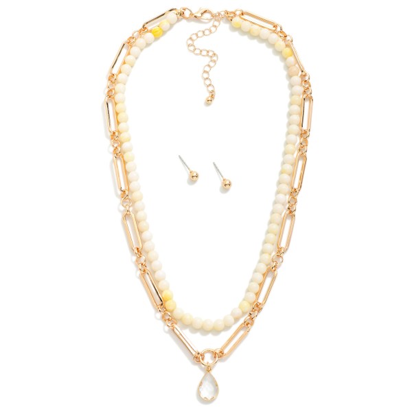 Layered Chain Link & Natural Stone Beaded Necklace Featuring Enamel Teardrop Pendant 

- Metal Tone Ball Stud Earrings Included
- Approximately 16" L
- Extender 3" L