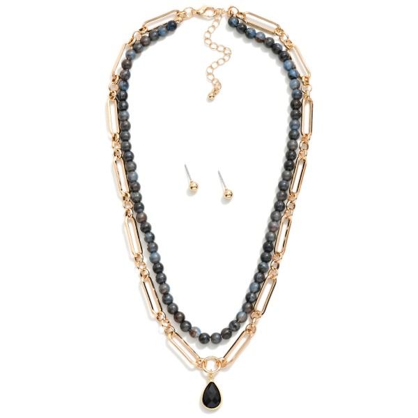 Layered Chain Link & Natural Stone Beaded Necklace Featuring Enamel Teardrop Pendant 

- Metal Tone Ball Stud Earrings Included
- Approximately 16" L
- Extender 3" L
