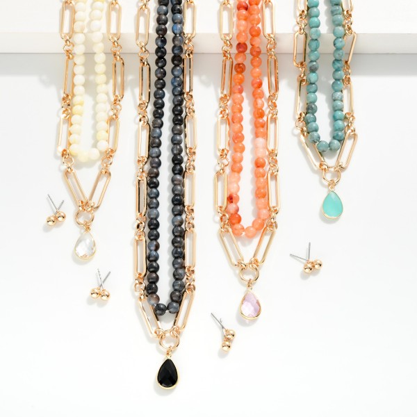Layered Chain Link & Natural Stone Beaded Necklace Featuring Enamel Teardrop Pendant 

- Metal Tone Ball Stud Earrings Included
- Approximately 16" L
- Extender 3" L