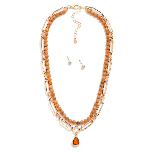 Layered Chain Link & Natural Stone Beaded Necklace Featuring Enamel Teardrop Pendant 

- Metal Tone Ball Stud Earrings Included
- Approximately 16" L
- Extender 3" L