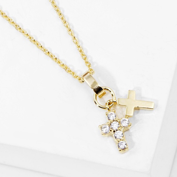 Dainty Chain Link Necklace Featuring Cubic Zirconia & Metal Tone Crosses Pendant 

- Gold Dipped
- Approximately 15.5" L
- Extender 2" L