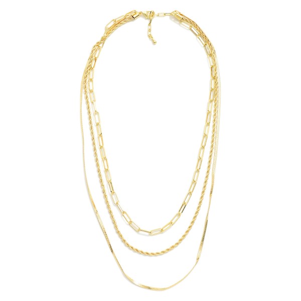 Layered Chain Link Necklace Featuring Herringbone, Twisted, & Paperclip Chains 

- Gold Dipped 
- Approximately 16" L
- Extender 1.5" L