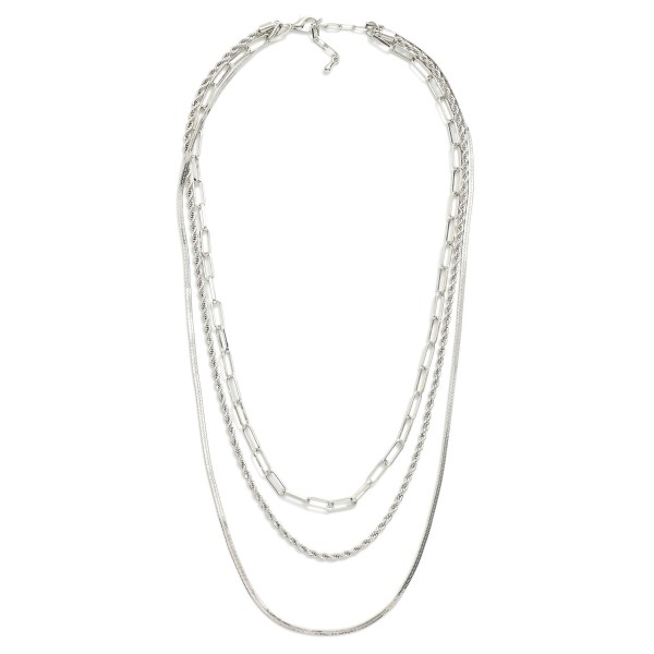 Layered Chain Link Necklace Featuring Herringbone, Twisted, & Paperclip Chains 

- Gold Dipped 
- Approximately 16" L
- Extender 1.5" L