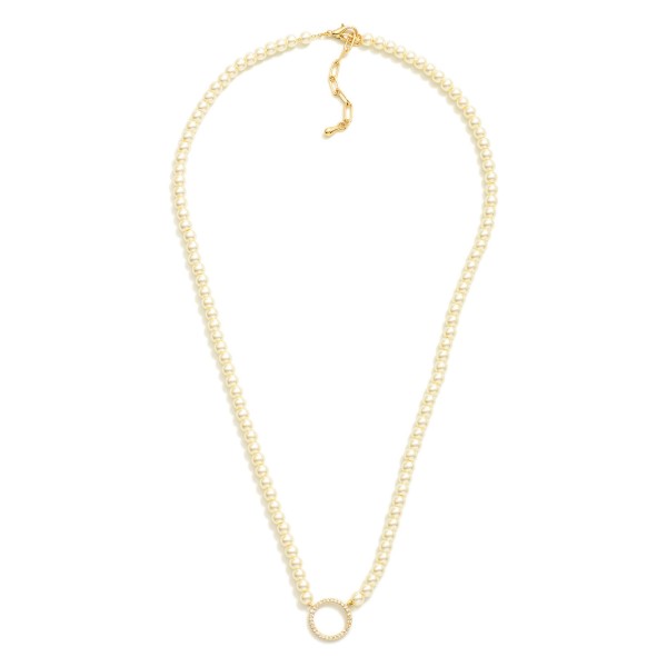 Pearl Beaded Necklace Featuring Cubic Zirconia Studded Hoop Pendant 

- Gold Dipped 
- Approximately 16" L
- Extender 1.5" L