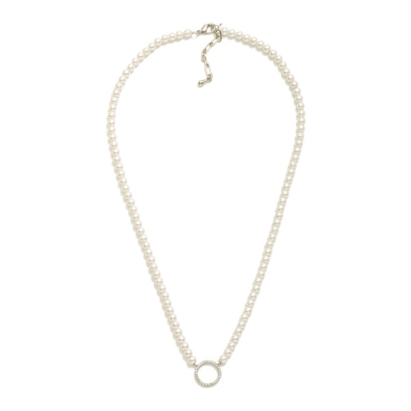Pearl Beaded Necklace Featuring Cubic Zirconia Studded Hoop Pendant 

- Gold Dipped 
- Approximately 16" L
- Extender 1.5" L