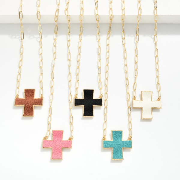 Paperclip Chain Link Necklace Featuring Leather Plus Cross Pendant 
- Approximately 16" L
- Extender 3" L