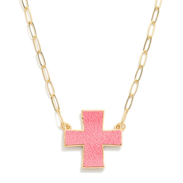 Paperclip Chain Link Necklace Featuring Leather Plus Cross Pendant 

- Approximately 16" L
- Extender 3" L