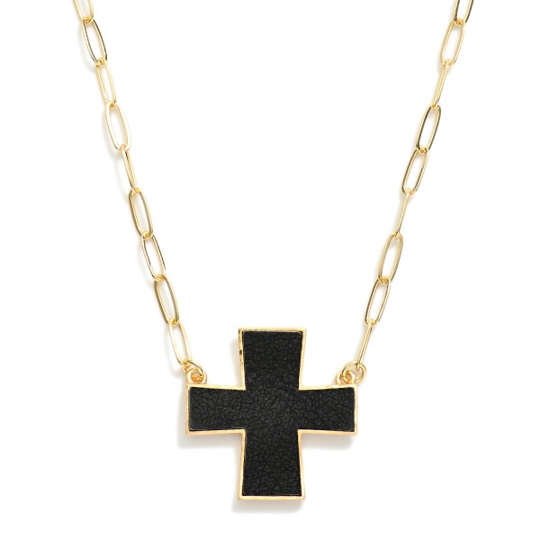 Paperclip Chain Link Necklace Featuring Leather Plus Cross Pendant 

- Approximately 16" L
- Extender 3" L