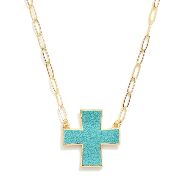 Paperclip Chain Link Necklace Featuring Leather Plus Cross Pendant 

- Approximately 16" L
- Extender 3" L
