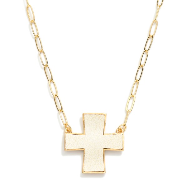 Paperclip Chain Link Necklace Featuring Leather Plus Cross Pendant 

- Approximately 16" L
- Extender 3" L
