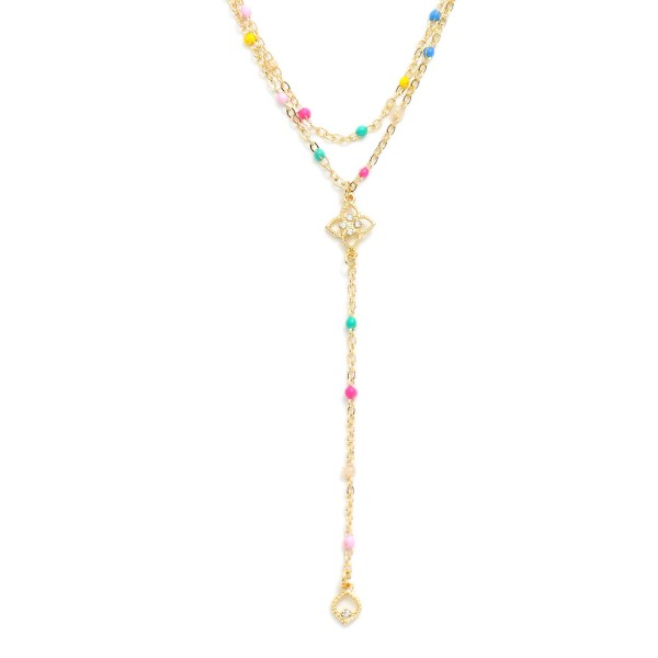 Layered Chain Link Y Necklace Featuring Painted Metal Link Stations & Clover Detail 

- Approximately 16" L
- Extender 3" L