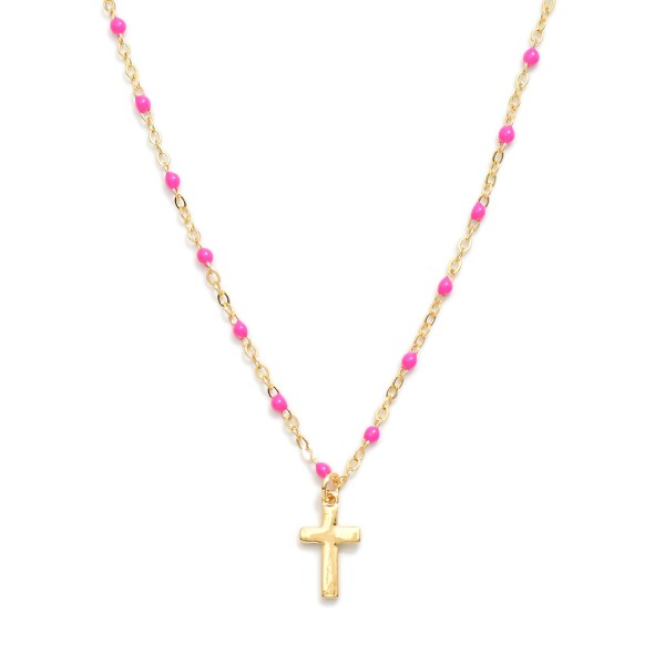 Chain Link Necklace Featuring Painted Link Details & Metal Tone Cross Pendant 

- Approximately 14" L
- Extender 3" L