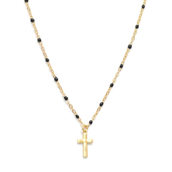 Chain Link Necklace Featuring Painted Link Details & Metal Tone Cross Pendant 
- Approximately 14" L
- Extender 3" L