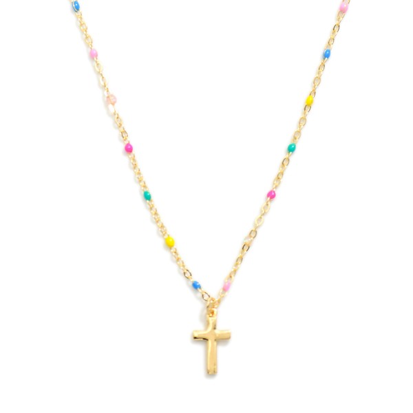 Chain Link Necklace Featuring Painted Link Details & Metal Tone Cross Pendant 

- Approximately 14" L
- Extender 3" L