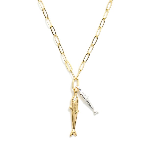 Paperclip Chain Link Necklace Featuring Fish Pendants

- Approximately 14" L
- Extender 3" L