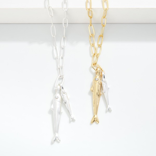 Paperclip Chain Link Necklace Featuring Fish Pendants

- Approximately 14" L
- Extender 3" L