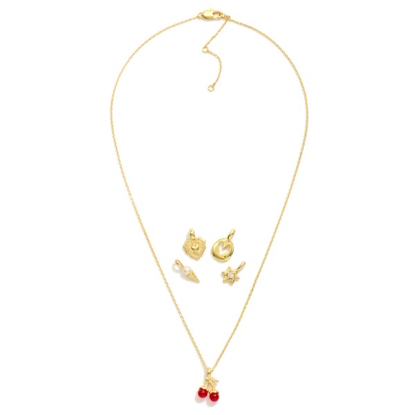 Chain Link Necklace Featuring Interchangeable Pendant 

- Includes: Cherries, Hearts, Pearl, & Star
- Approximately 16" L
- Extender 2" L 