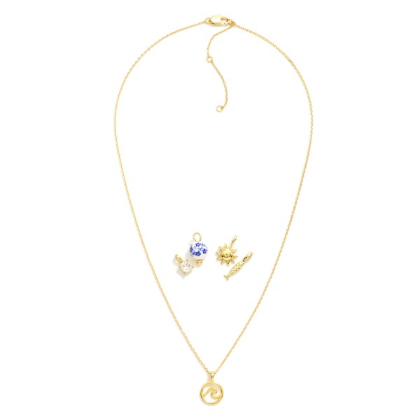 Chain Link Necklace Featuring Interchangeable Pendant 

- Includes: Chinoiserie Ball, Wave, Fish, Sun, & Cubic Zirconia 
- Approximately 16" L
- Extender 2" L 
