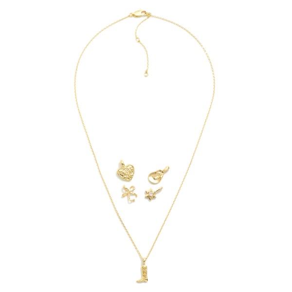 Chain Link Interchangeable Pendant Necklace 

- Includes: Metal Tone Western Charms, Bow, & Cubic Zirconia 
- Approximately 16" L 
- Extender 2" L
