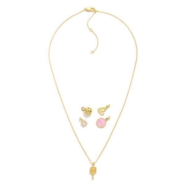 Chain Link Necklace Featuring Interchangeable Pendant 

- Includes: Pickleball Charms, Heart, & Rhinestone 
- Approximately 16" L
- Extender 2" L 