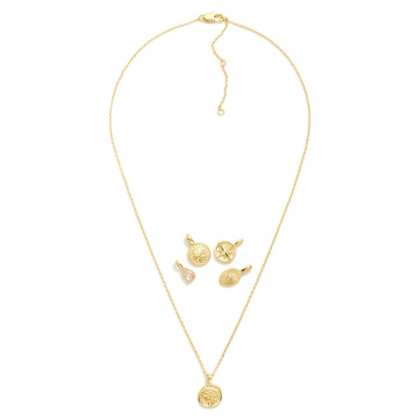 Chain Link Necklace Featuring Interchangeable Pendant 

- Includes: Compass, Coins, & Cubic Zirconia 
- Approximately 16" L
- Extender 2" L 