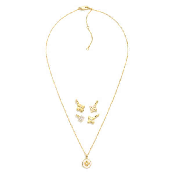 Chain Link Necklace Featuring Interchangeable Pendant 

- Includes: Clovers, Flower, & Cubic Zirconia
- Approximately 16" L
- Extender 2" L 
