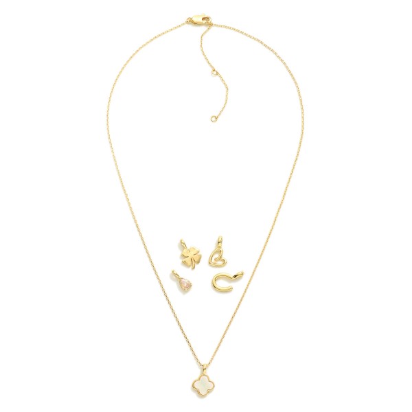 Chain Link Necklace Featuring Interchangeable Pendant 

- Includes: Clovers, Heart, Horseshoe, & Cubic Zirconia  
- Approximately 16" L
- Extender 2" L 