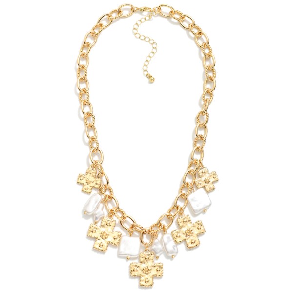 Chain Link Charm Necklace Featuring Twisted Metal Links, Plus Crosses, & Square Pearl Charms

- Approximately 18" L
- Extender 3" L 