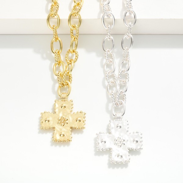 Chain Link Necklace Featuring Twisted Metal Links & Plus Cross Pendant 
- Approximately 18" L
- Extender 3" L