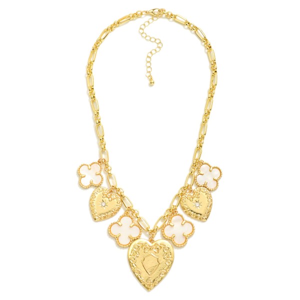 Chain Link Necklace Featuring Chunky Pearlescent Clovers & Heart Charms 

- Approximately 18" L
- Extender 3" L
