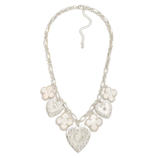 Chain Link Necklace Featuring Chunky Pearlescent Clovers & Heart Charms 

- Approximately 18" L
- Extender 3" L