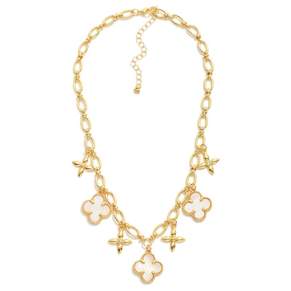 Chain Link Charm Necklace Featuring Pearlescent Clovers & Star Charms 

- Approximately 18" L
- Extender 3" L
